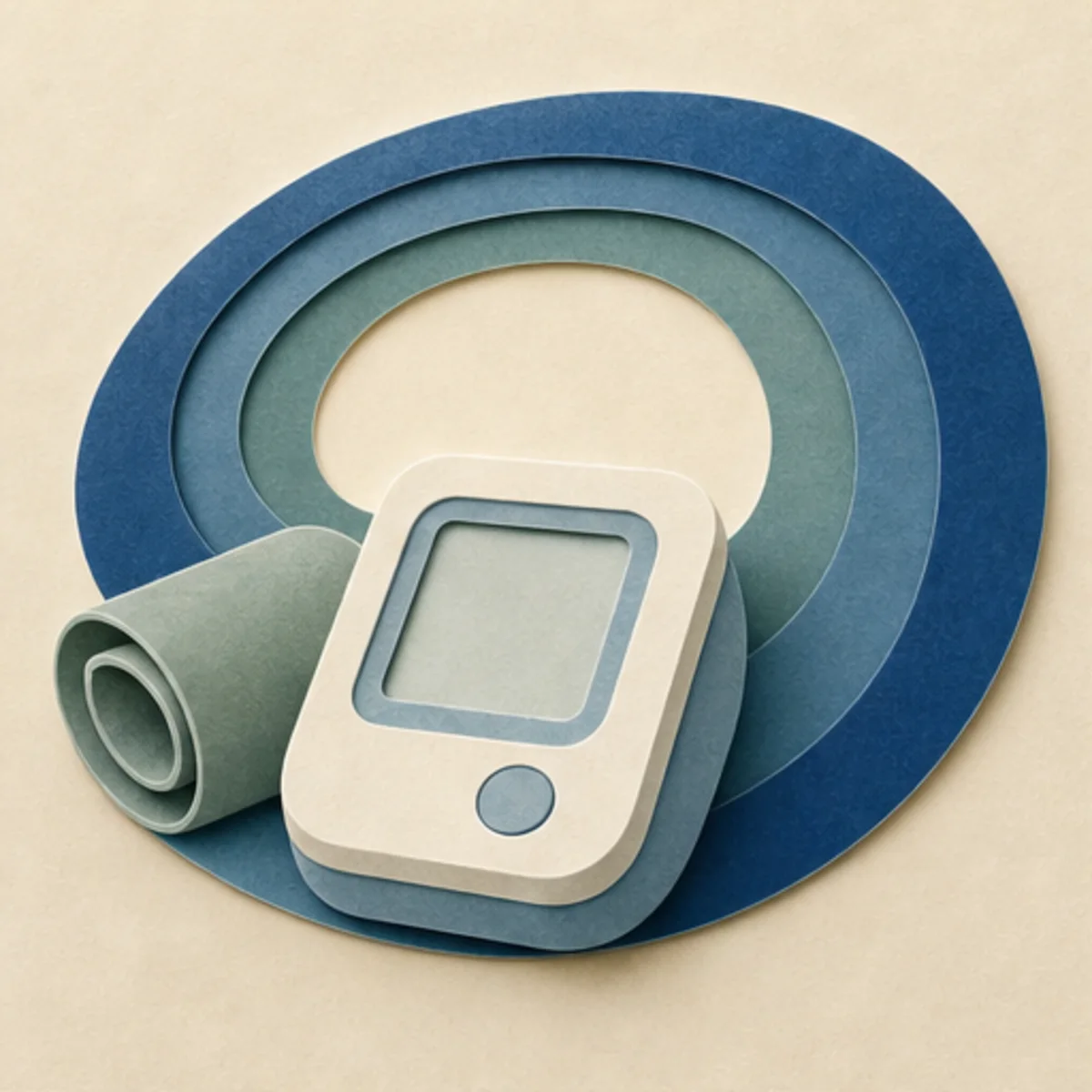 A blank paper monitoring device beside calm rhythmic blue and green layers