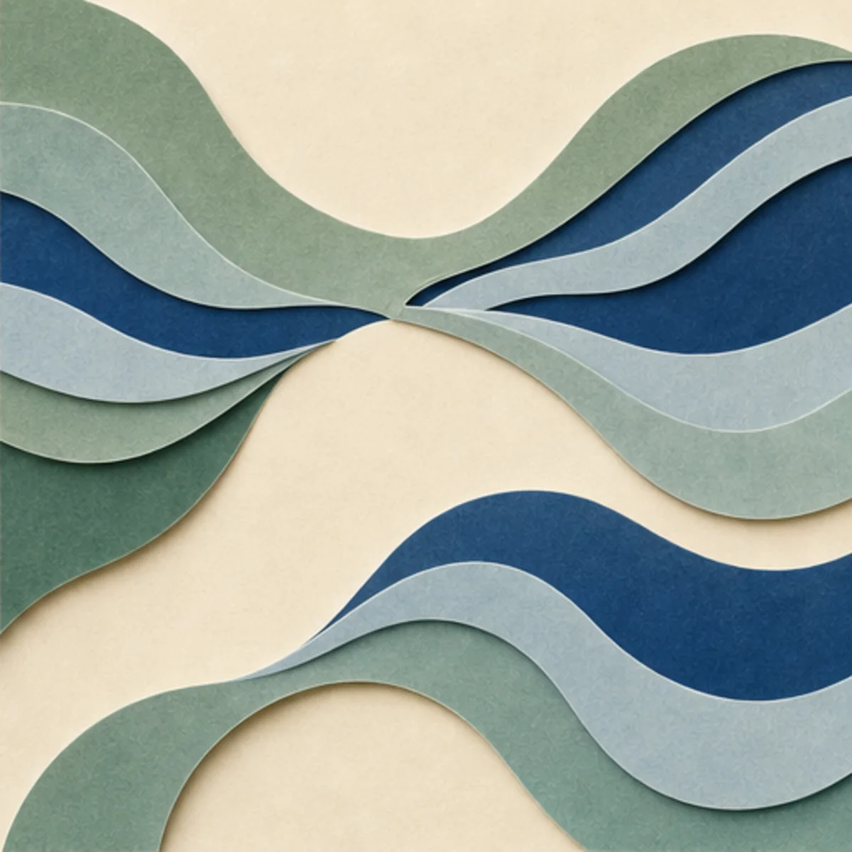 Deep blue and sage paper streams moving through one balanced cream passage