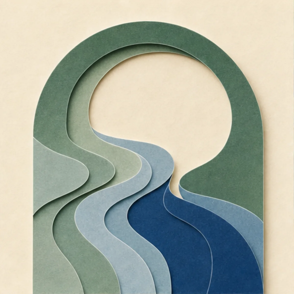 Layered paper channels becoming smooth and orderly inside a protective green arc