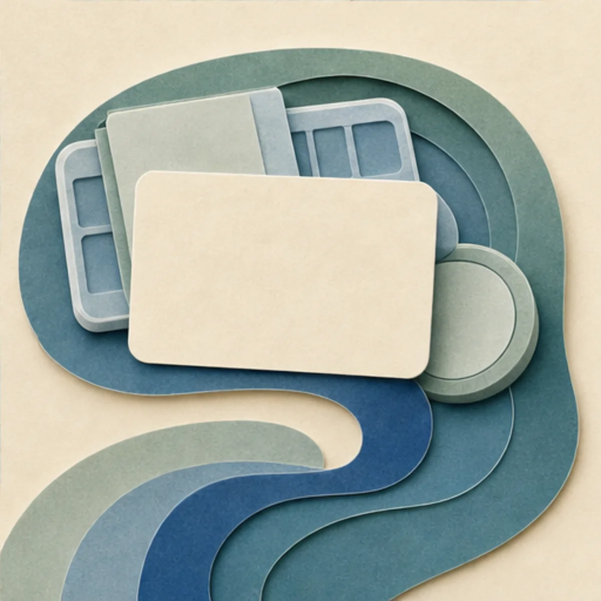 Layered paper medicine records and a calm pathway gathered around a protected centre
