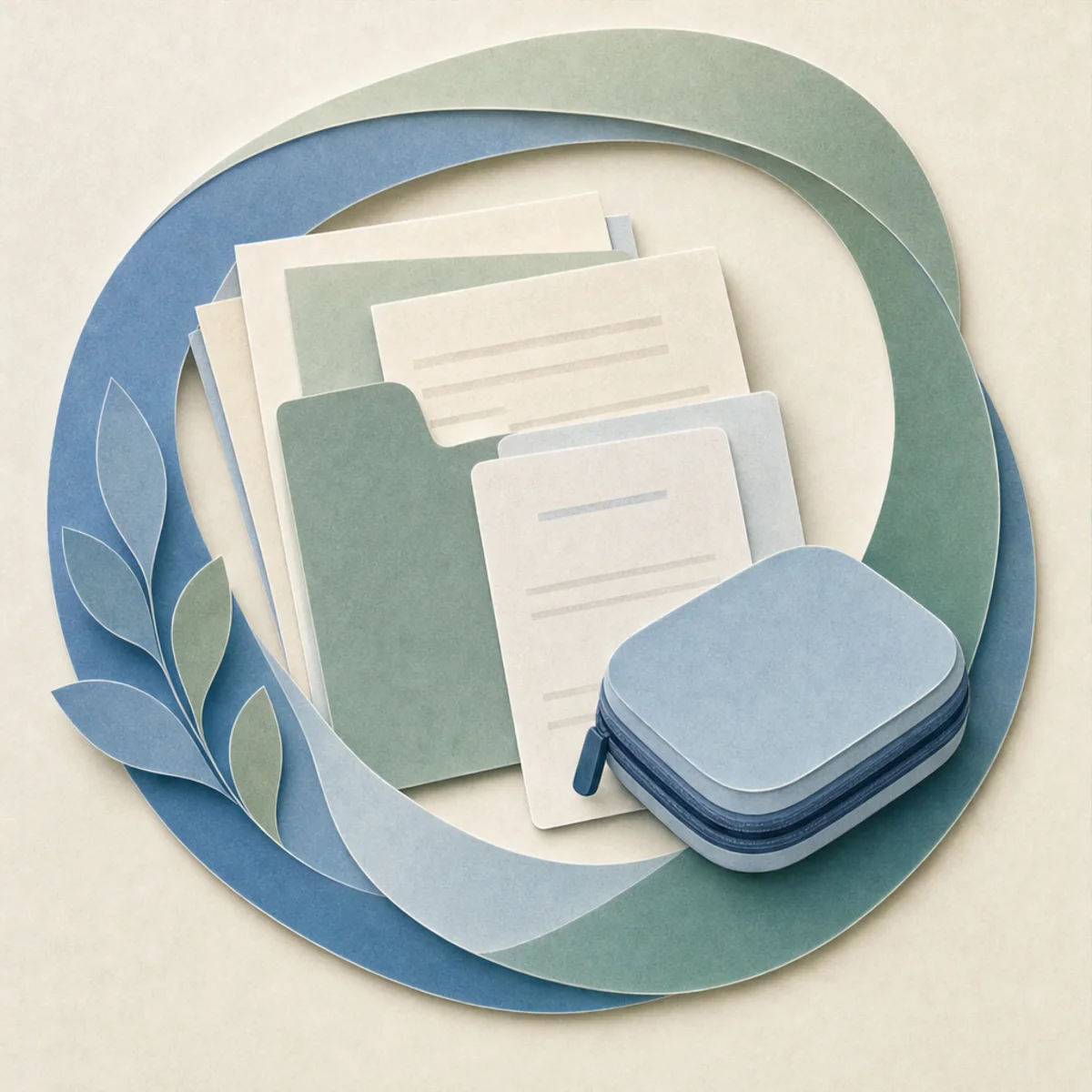 Blank paper records and supply forms aligned along one calm blue and green route