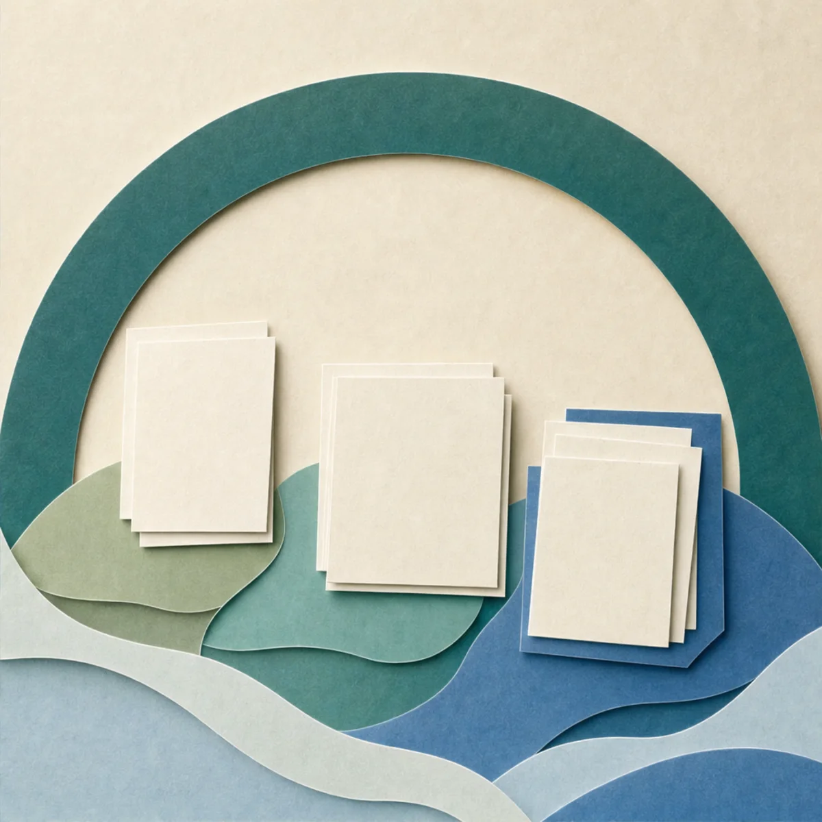 Layered blank paper plan cards opening along a clear blue and green pathway