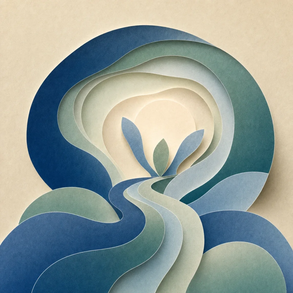 Nested organic paper forms finding balance along a gentle upward path