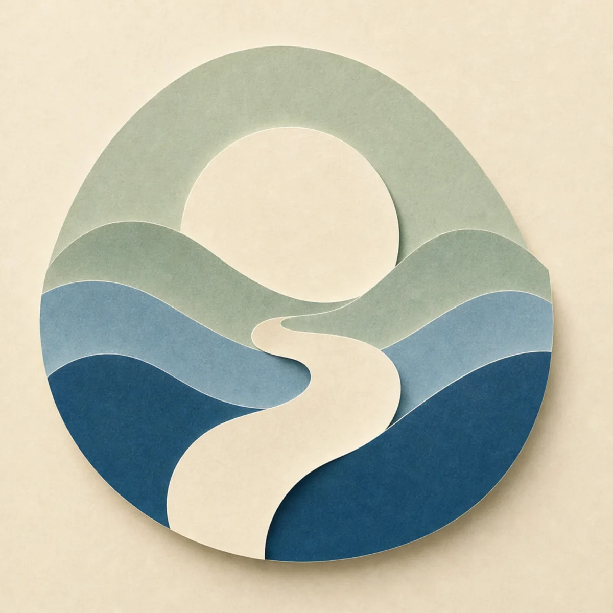 Warm cream paper forms moving through balanced sage and blue layers