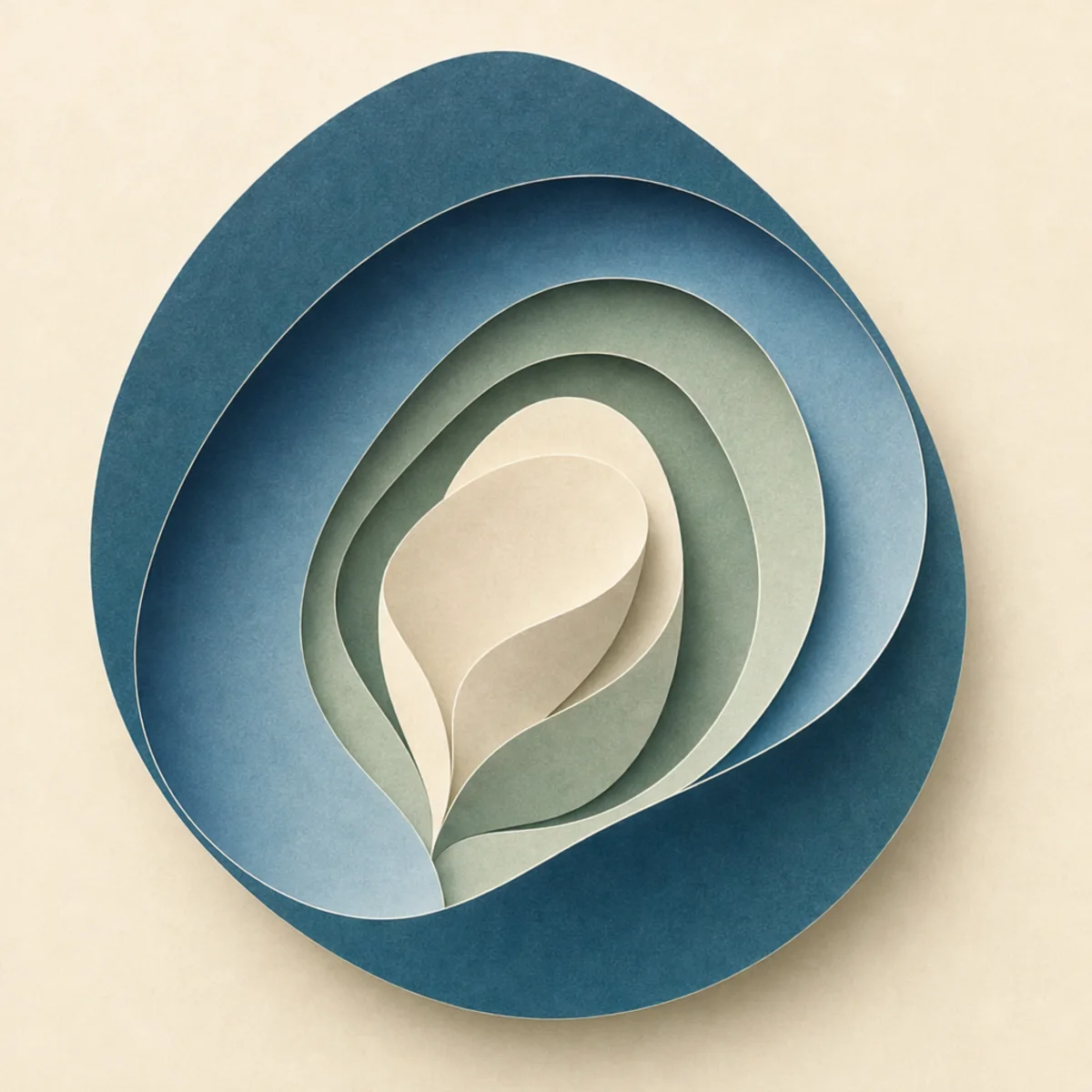 Nested cream and sage paper forms protected by a soft blue enclosure