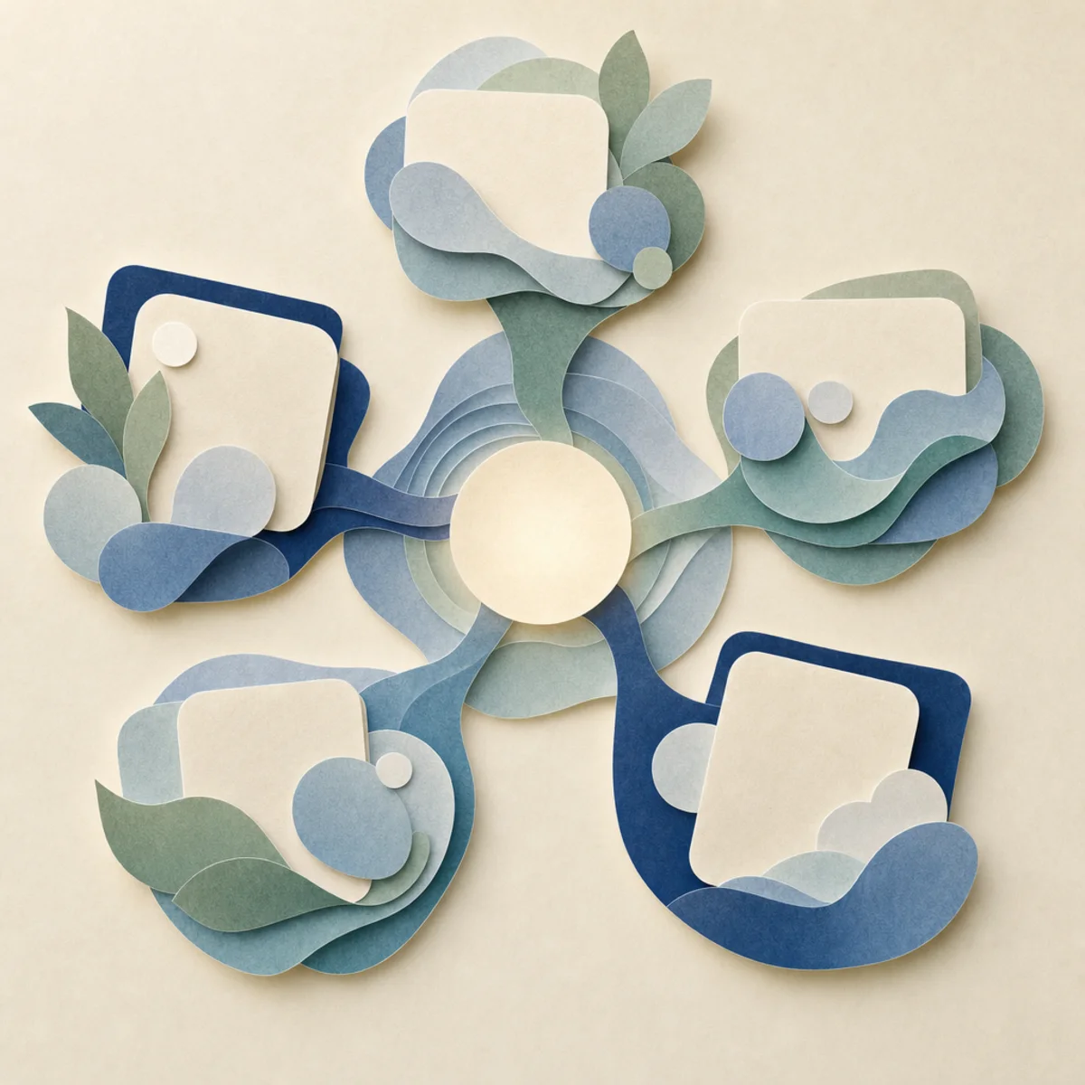 Layered paper pages and information cards connected by five calm pathways