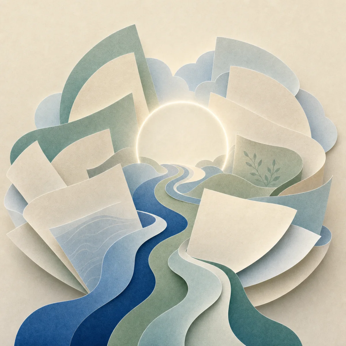 Softly layered paper pages opening along calm pathways around a warm centre
