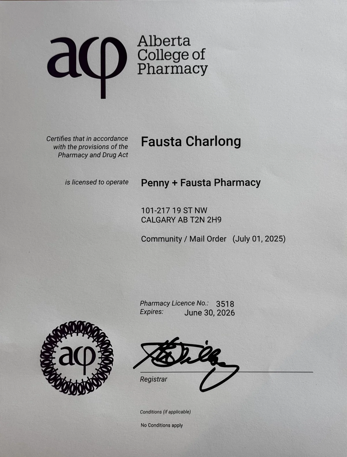 Penny Fausta Pharmacy licence document