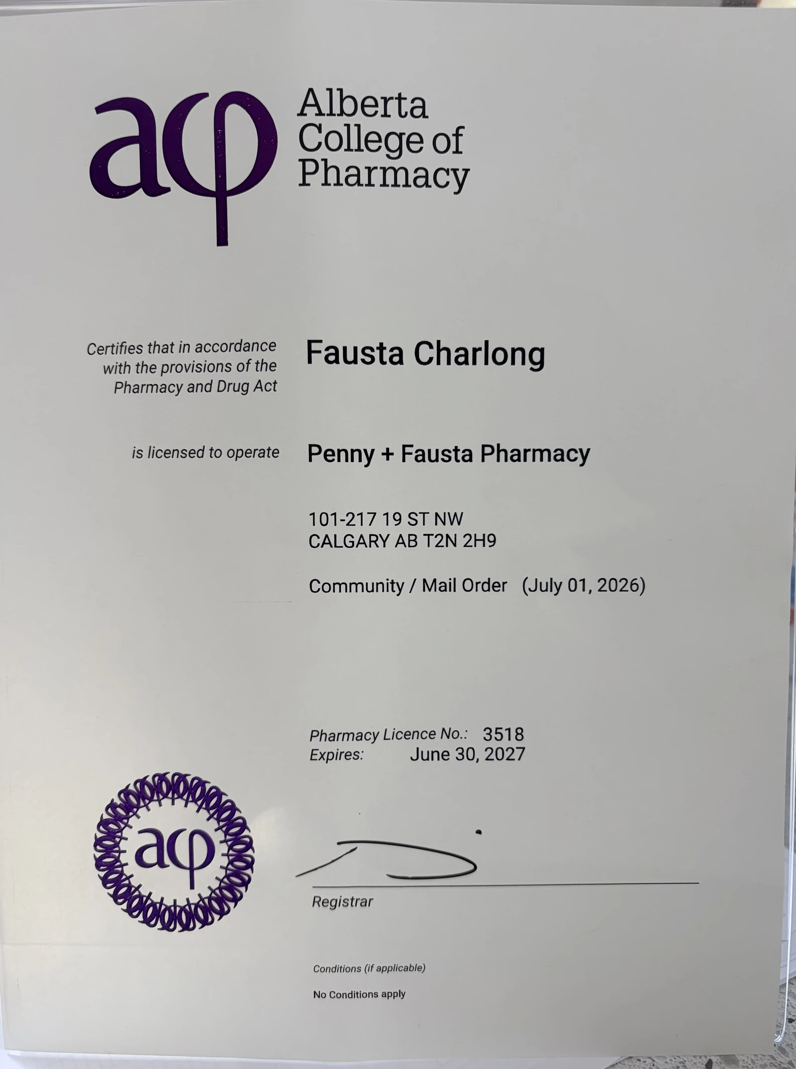 Penny Fausta Pharmacy licence issued July 1, 2026 and expiring June 30, 2027