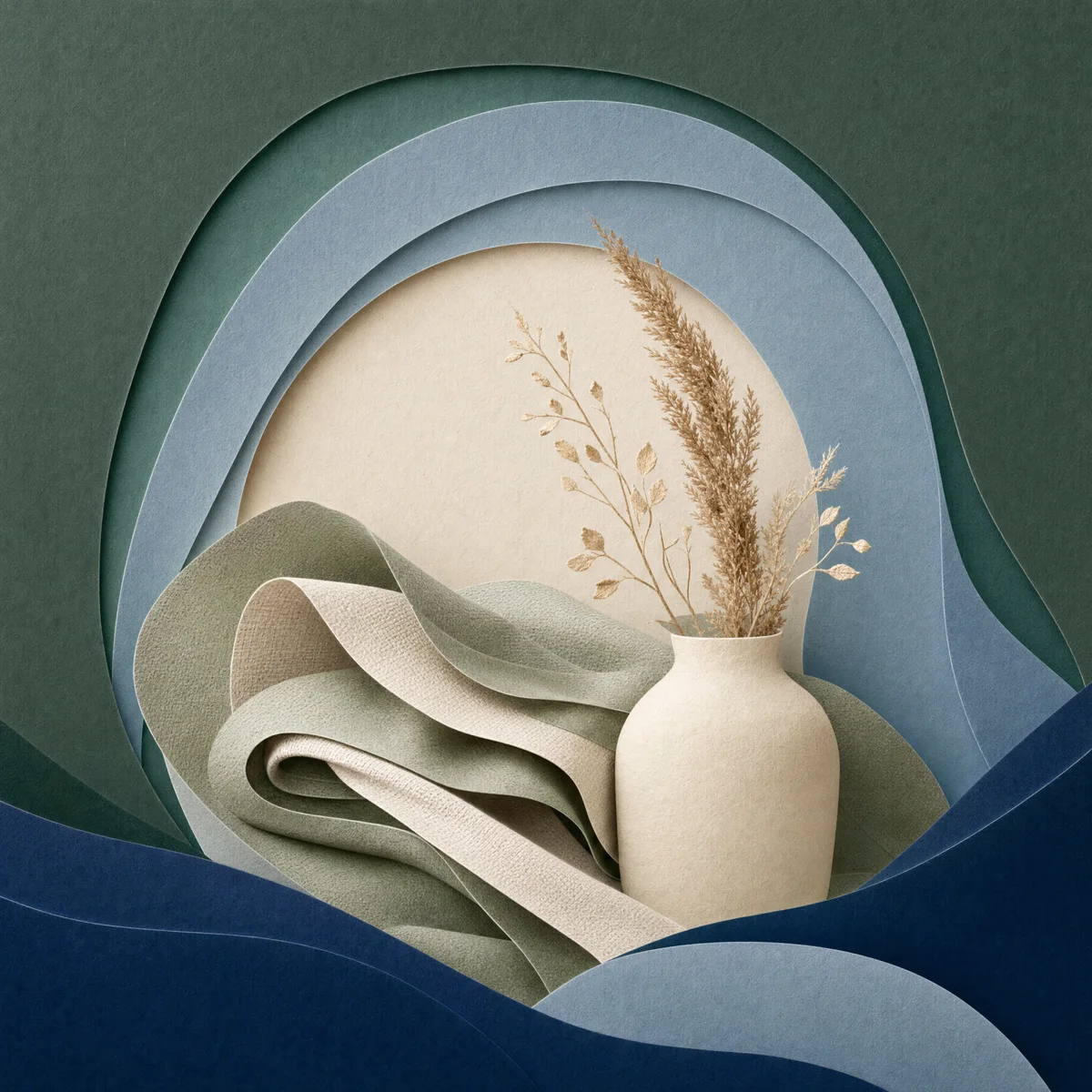 Layered textile, vessel and botanical forms representing thoughtfully selected retail goods