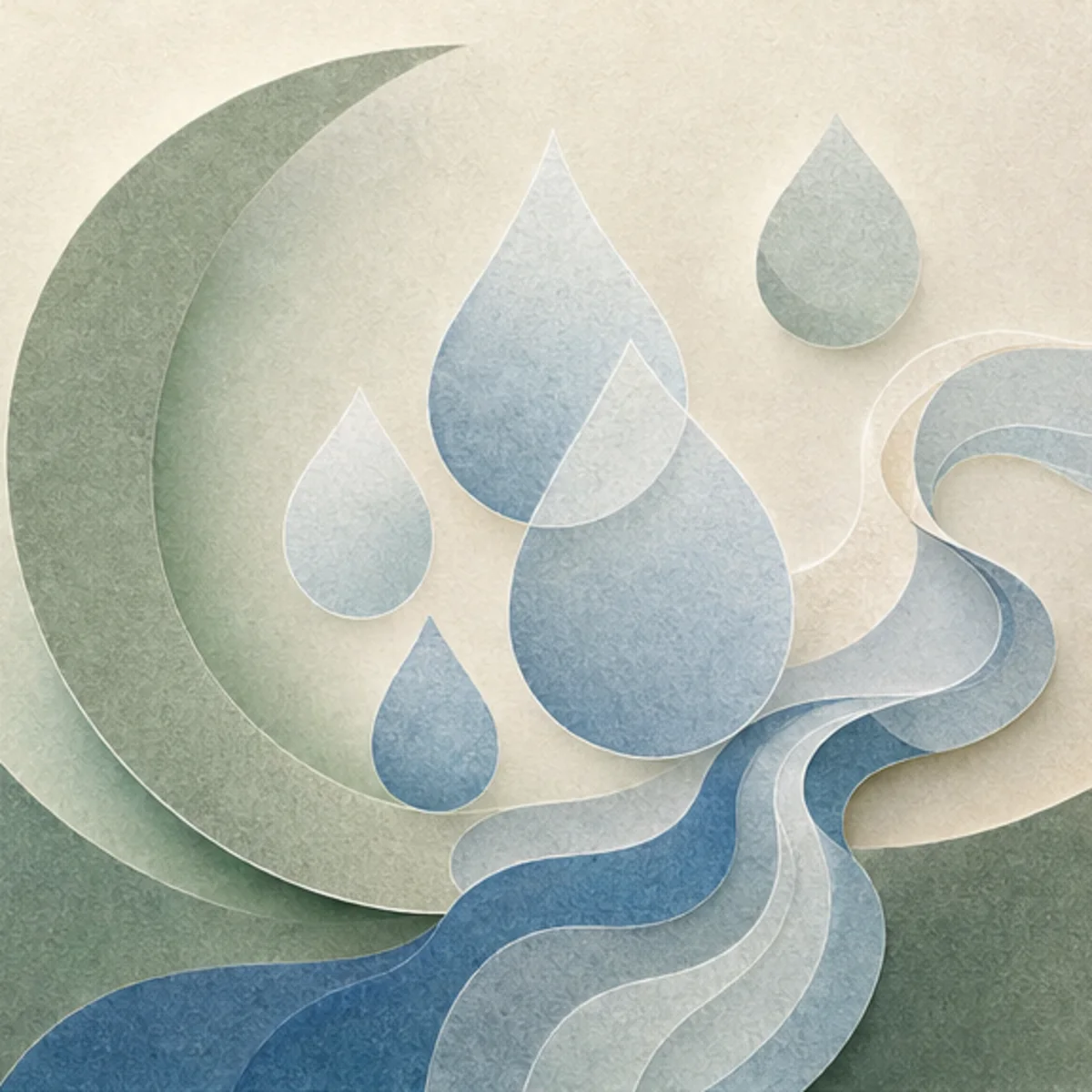 Paper water droplets and a flowing travel path held within a sage curve