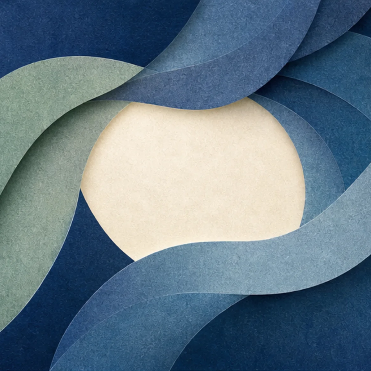 Woven blue and green paper layers enclosing a warm centre