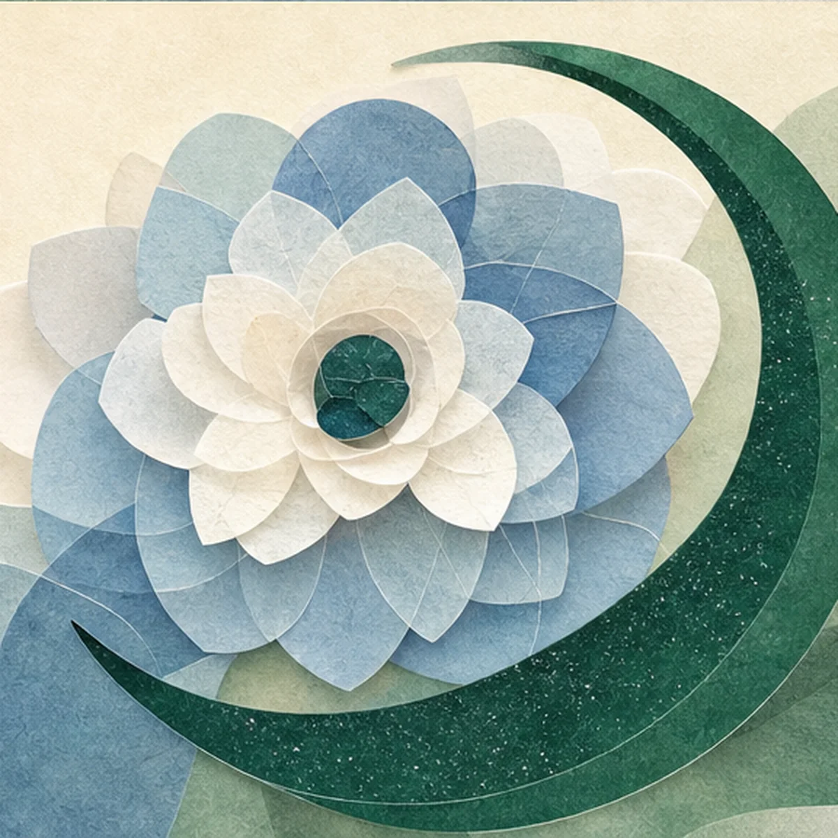 Layered blue and cream forms with a green protective arc