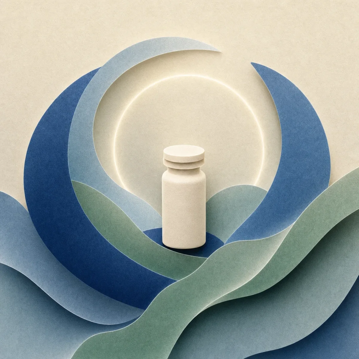 A sealed paper medicine container protected within calm blue and green arcs
