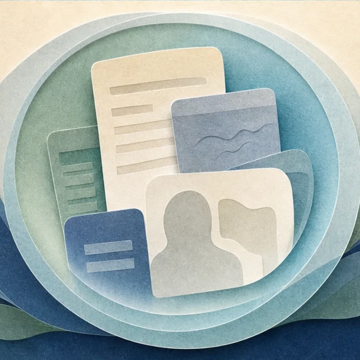 Layered medication information cards gathered within a soft halo