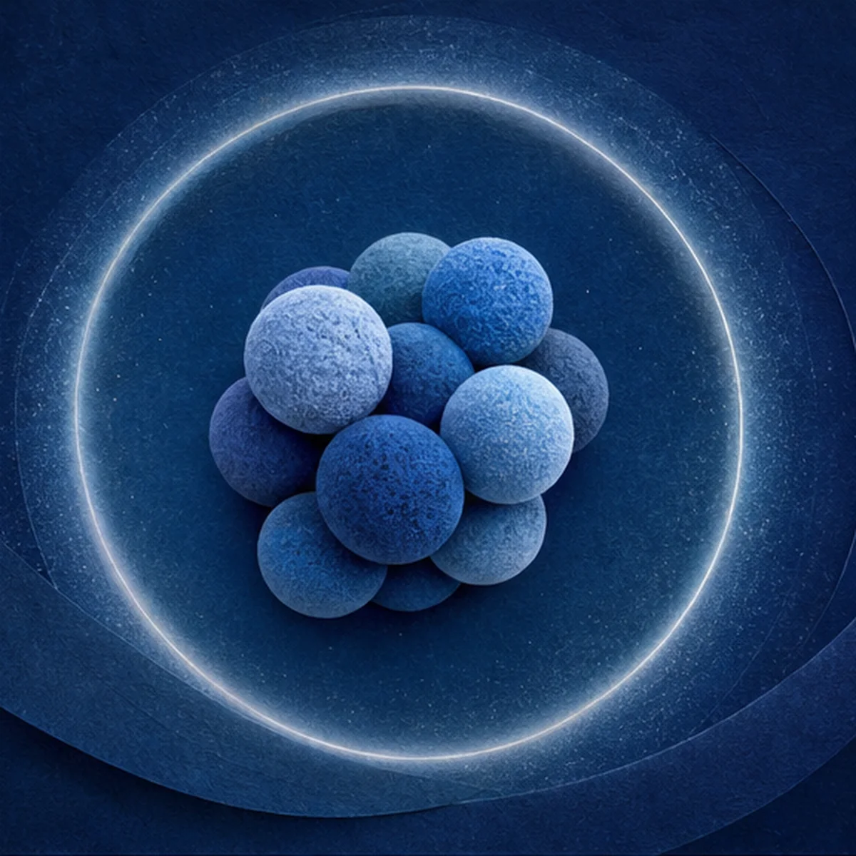Abstract blue spheres surrounded by a protective halo