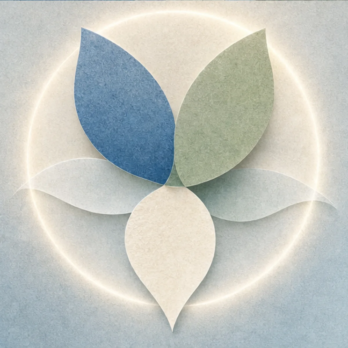 Three organic paper forms balanced within a soft halo