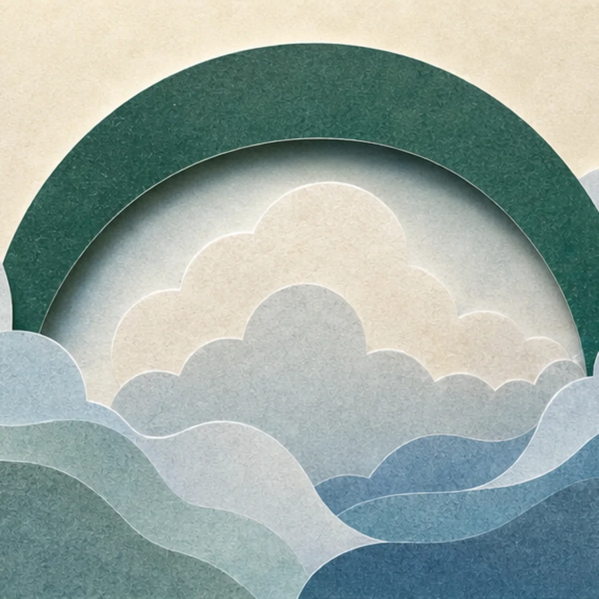 Soft layered air and cloud forms sheltered by a deep-green paper arc