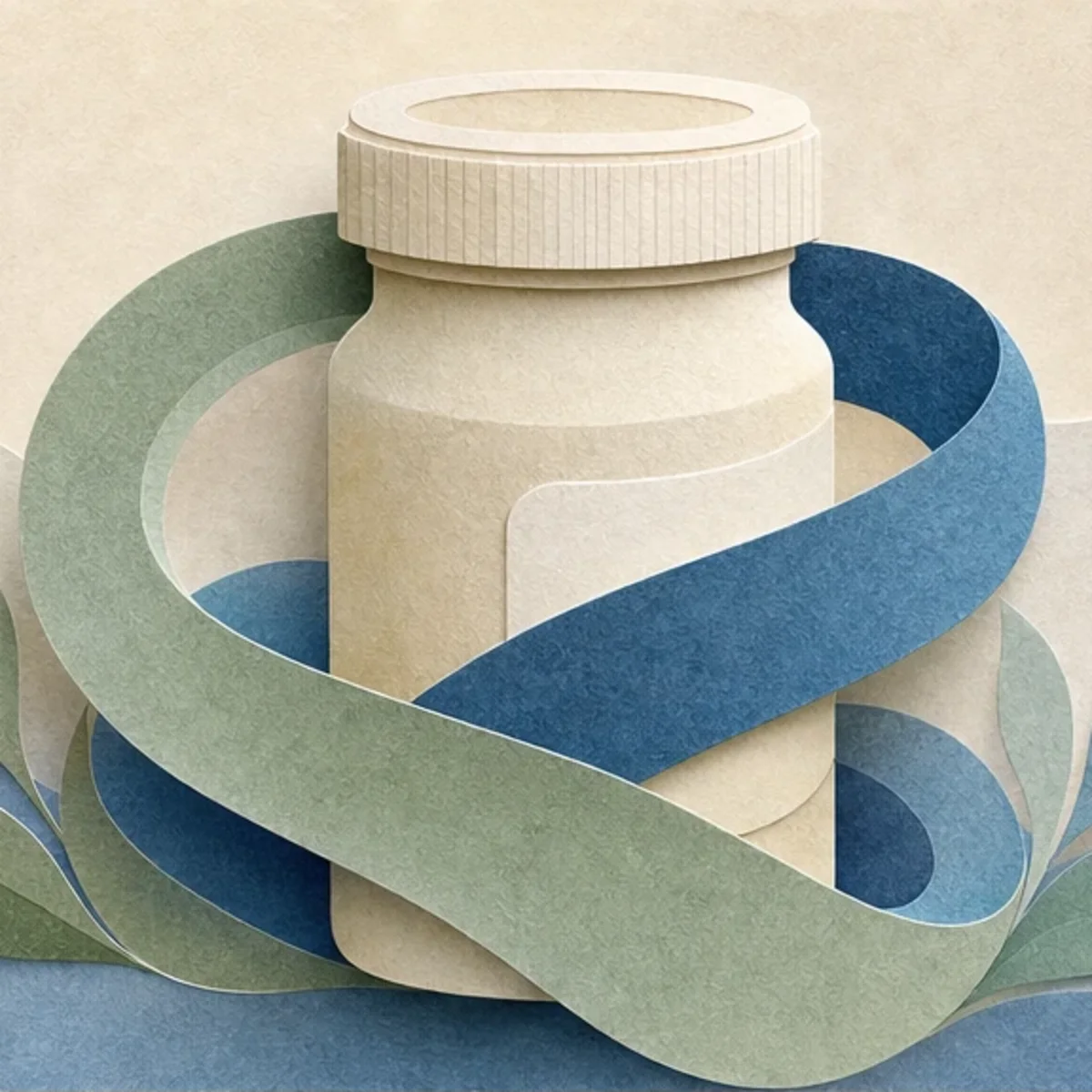 Paper medicine container embraced by flowing continuity ribbons