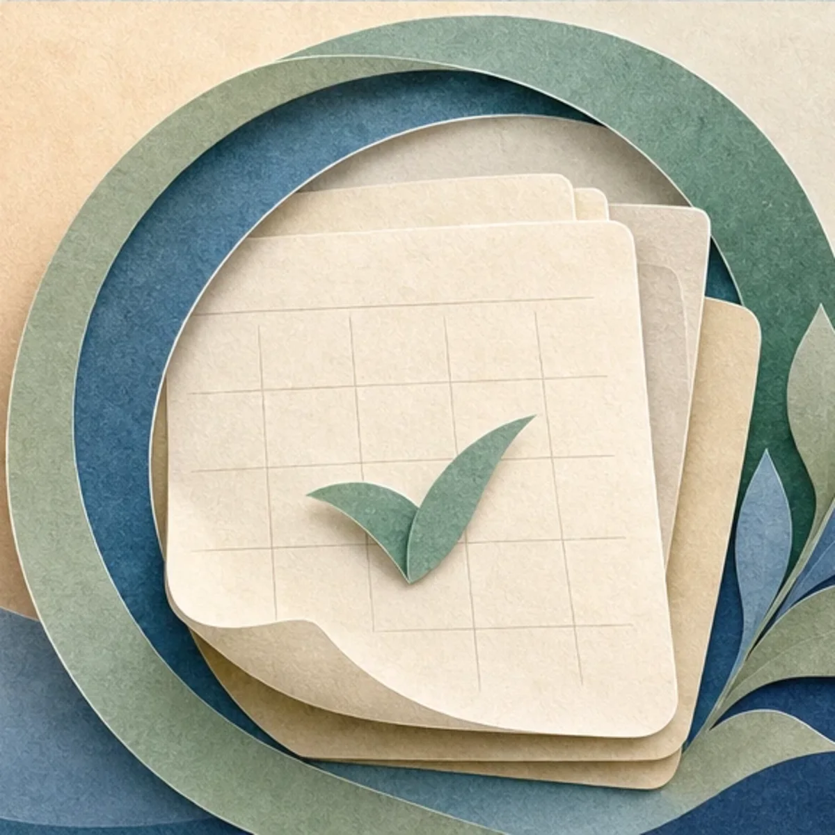 Layered paper record with a gentle review mark inside a rounded arc