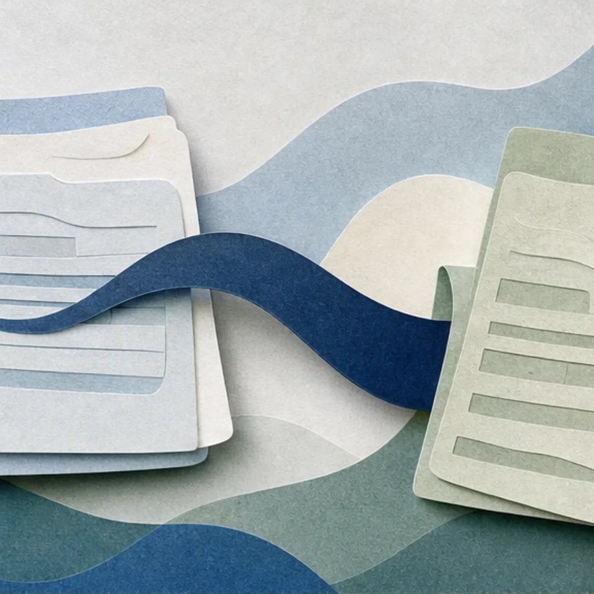 Two layered paper records connected by a flowing blue ribbon